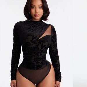 Black Floral Velvet Long-Sleeve Bodysuit